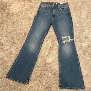 Forever 21 Blue Flare Wide Leg Jeans with Distressed Detail
